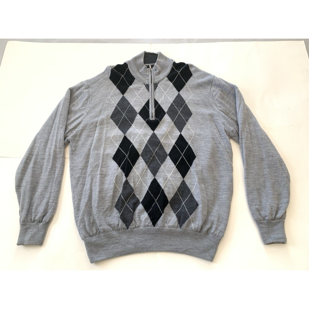 Footjoy Quarter Zip Golf Sweater Mens XXL Gray Black Argyle 100% Wool Logo Lined